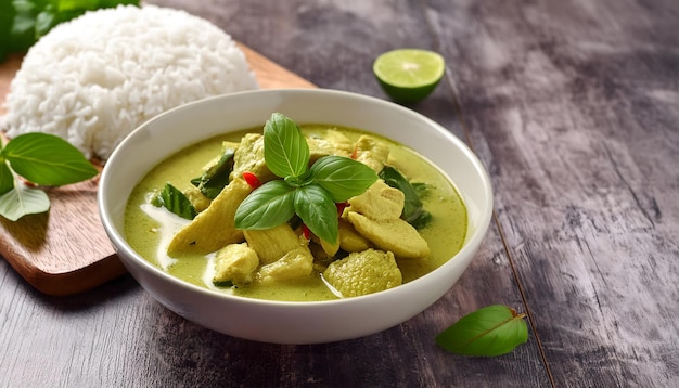 Photo a serving of green curry with tender pieces of chicken simmered in a rich and creamy coconut milk