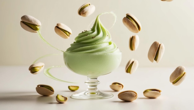 Photo a serving of green pistachioflavored soft serve ice cream with flying pistachios around it