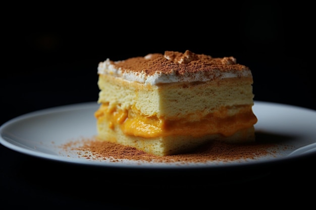 A serving of pumpkin tiramisu with a dusting of cinnamon