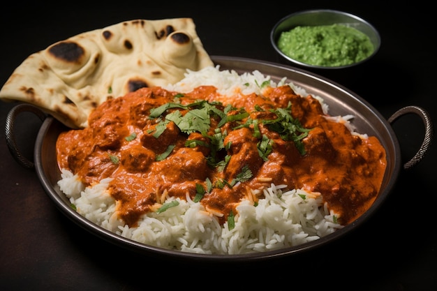 A serving of tikka masala with a side of yogurt and mint chutney