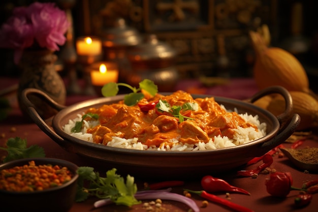 A serving of tikka masala with a variety of colorful spices in the background