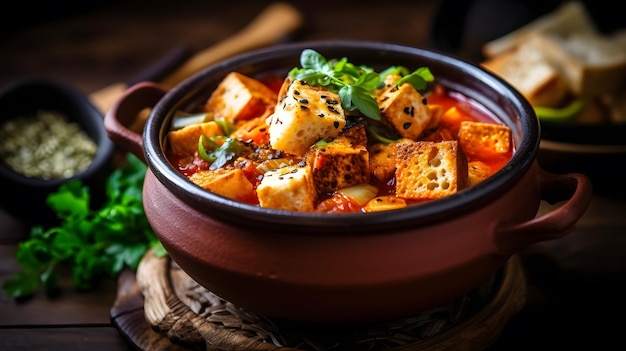 A serving of tofu veggie and tangy hot kimchi stew Generative AI