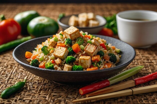 A serving of vegetable fried rice with tofu cubes