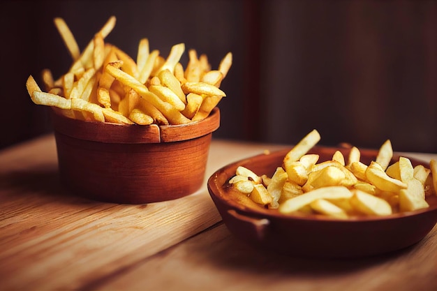 Servings of mouthwatering hot french fries for quick snack at lunch