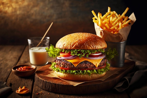 Sesame bun and burger and french fries with delicious milkshake