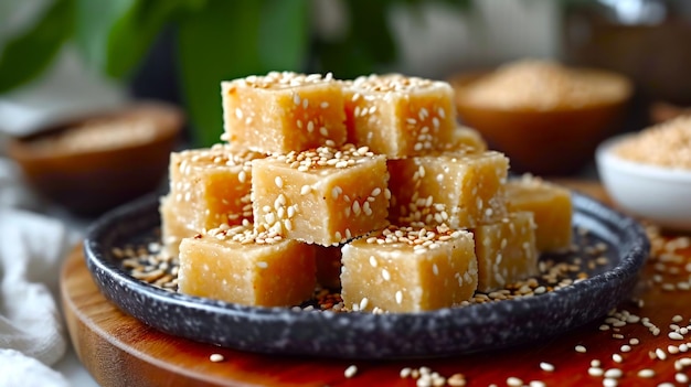 Sesame halva sprinkled with sesame seeds Traditional oriental sweets Concept of homemade confectionery nutty fudge treats artisanal dessert crafting and sweet indulgence