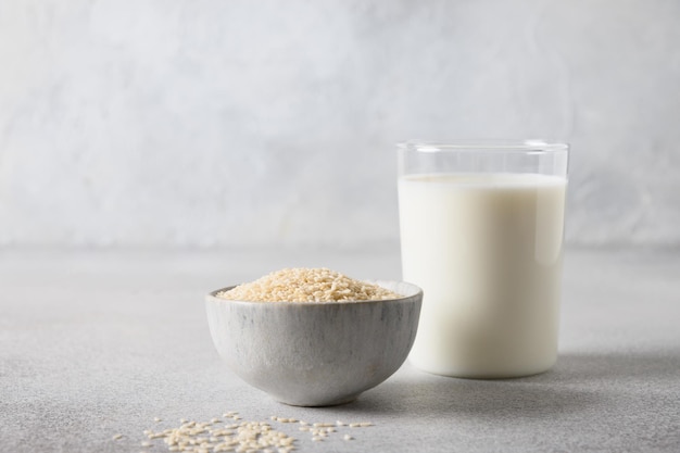 Sesame milk and bowl with sesame seeds on gray background Copy space Healthy vegetarian plant based beverage