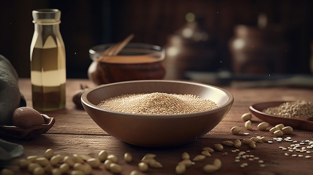 Sesame oil in a bowl on a wooden table with ingredientsgenerative ai