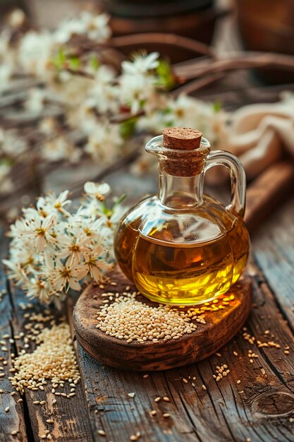 Sesame oil on a table in the garden Selective focus