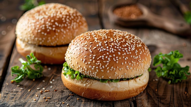 Sesame Seed Burger Buns on Rustic Wooden Table