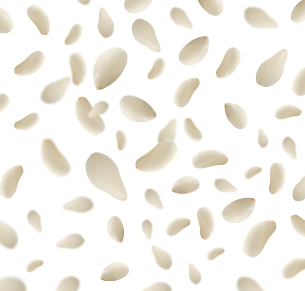 Sesame seeds falling on white background collage