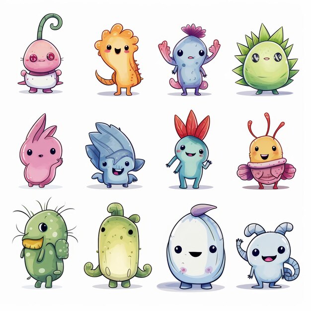 Photo set of 10 cute cartoon monster characters with various expressions and colors