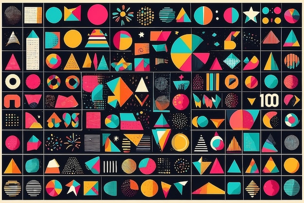 Set of 100 geometric shapes Memphis design retro elements for web vintage advertisement