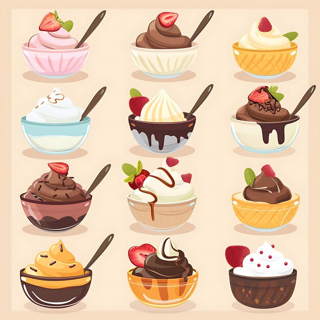 Photo set of 12 cartoon ice creams in bowls with spoons