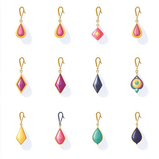 Photo set of 12 colorful dangle earrings with gold hooks