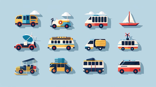 Photo a set of 12 colorful flat design vehicles