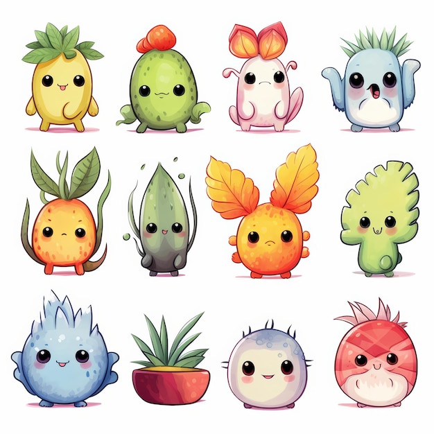 Photo set of 12 cute cartoon plant creatures with big eyes and smiles