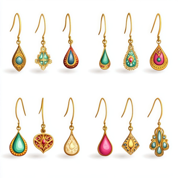 Set of 12 gold earrings with gemstone designs each earring with a different design