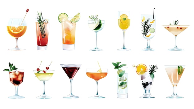 Photo set of 12 handdrawn watercolor cocktail illustrations