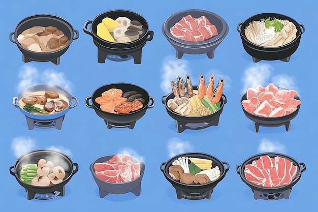 Photo set of 12 illustrated hot pots perfect for cooking images or restaurant menus