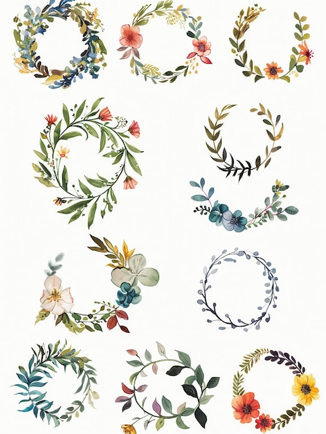 A set of 15 beautiful watercolor floral wreaths perfect for adding a touch of elegance and festivity to invitations cards and other designs Generative AI