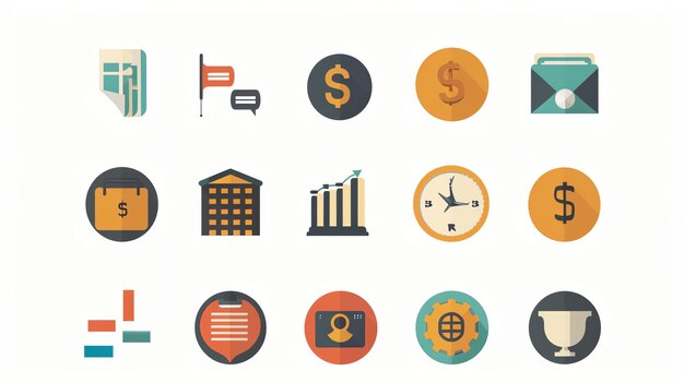 Photo a set of 16 colorful business icons in a flat design style