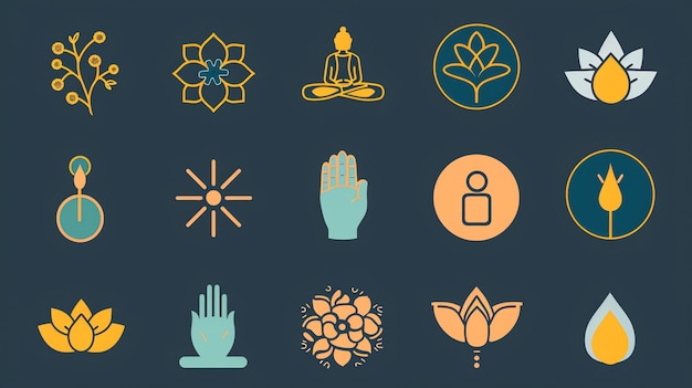 Photo a set of 16 icons related to meditation yoga and mindfulness featuring symbols like lotus flowers hands buddha and flame