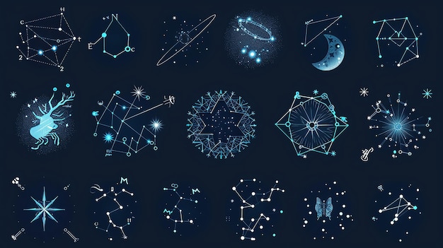 Photo set of 18 celestial constellation illustrations with connecting lines and stars