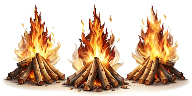 set of 3 fire places campfire on white bakground