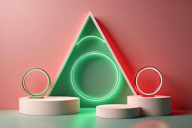 Set of 3D abstract with red cream green realistic cylinder podium Neon light bulb in triangle window background Mockup product display Mery christmas New year minimal wall scene Stage showcase