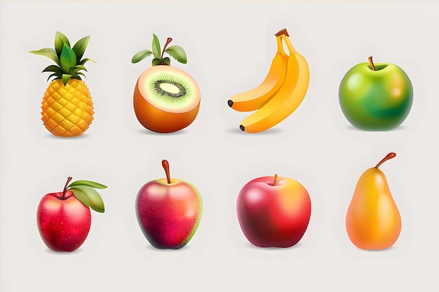 Photo set of 3d modern icons with bananas pineapples apples melon mangos kiwi fruits peaches and pears