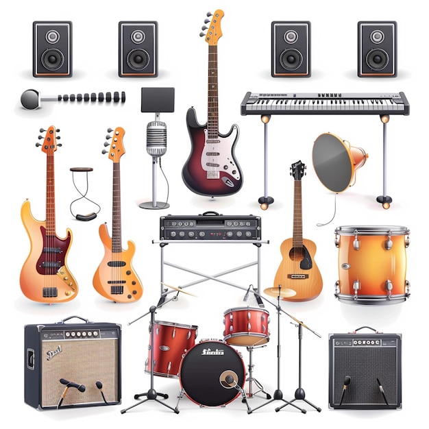 Set of 3d musical instruments for rock concert isolated