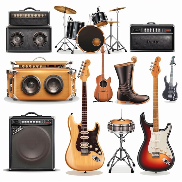 Set of 3d musical instruments for rock concert isolated