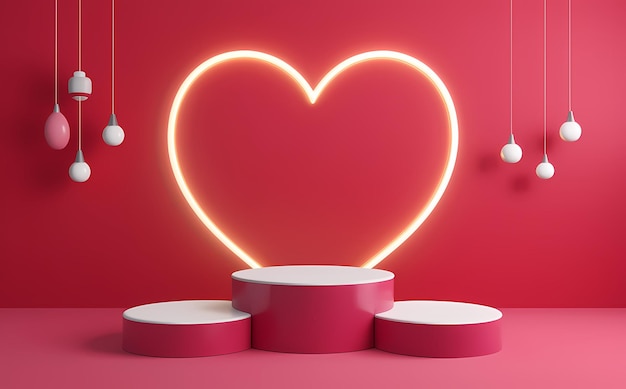 Set of 3D podium valentine day background with pink red white cylinder pedestal