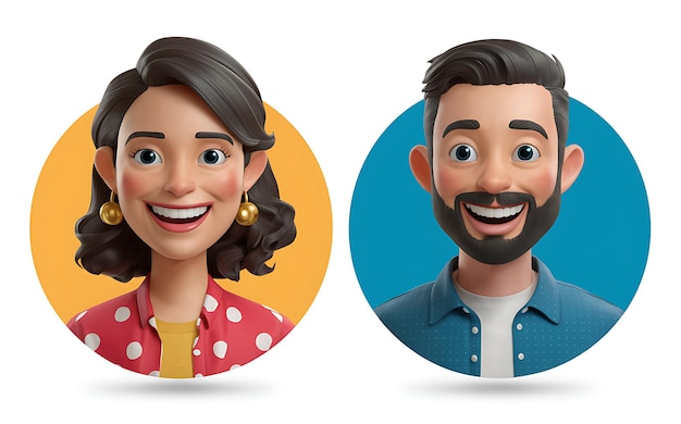 Set of 3d portraits of happy people on a white background Cartoon characters woman and man