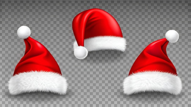 Photo a set of 3d red santa hats with a white ball