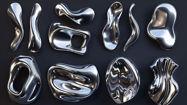 Photo set of 3d silver liquid shapes