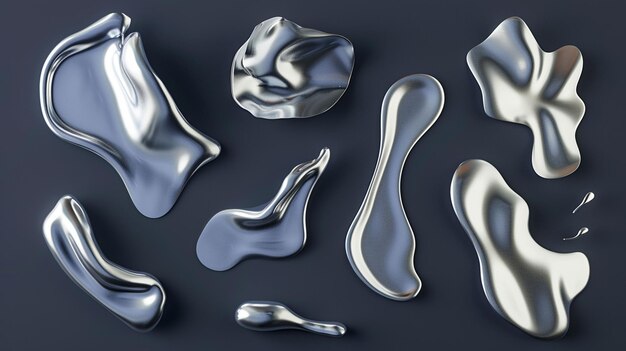 Photo set of 3d silver liquid shapes