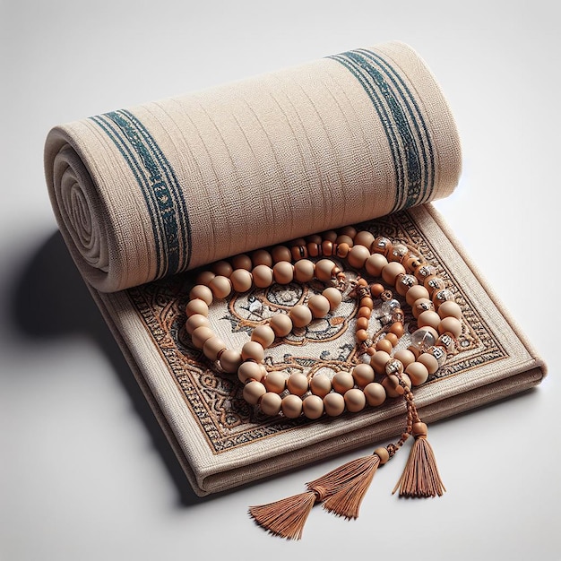 Photo set of 3drendered prayer beads tasbih and folded prayer mat on white background