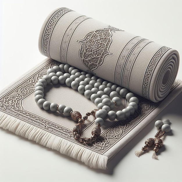 Photo set of 3drendered prayer beads tasbih and folded prayer mat on white background