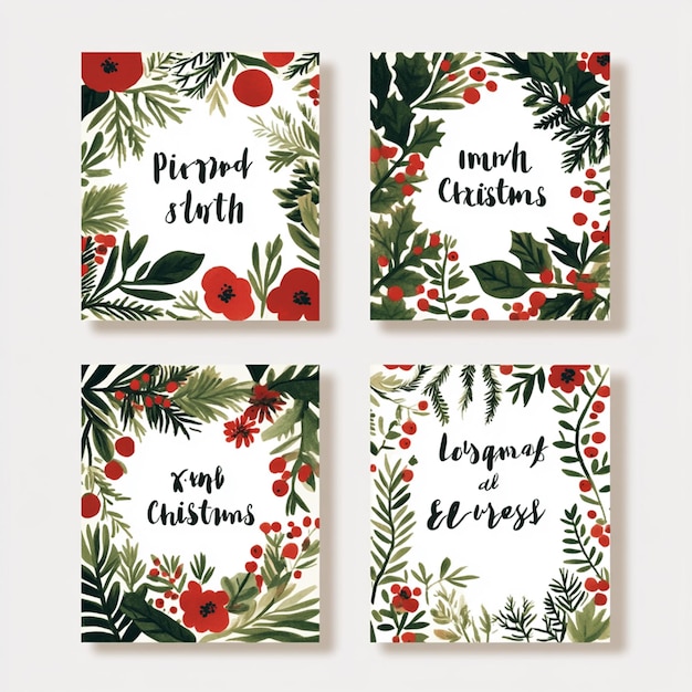 Photo a set of 4 christmas cards in green and red colors