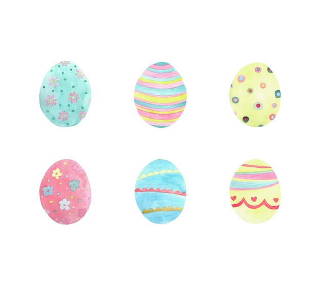 Set of 6 bright watercolor Easter eggs with stripes and flowers.