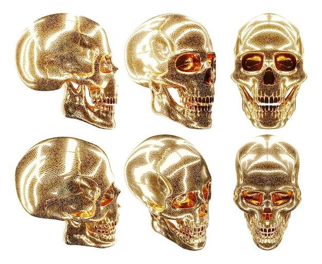 Set of 6 golden Human skulls on a white background isolate Modern design magazine style creative image trendy template black and gold luxury style 3D render 3D illustration