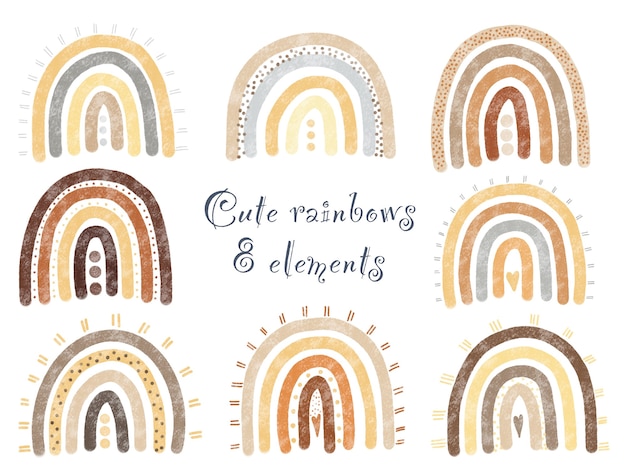 Set of 8 hand painted cute rainbows. Isolated elements on white background. Autumn colors.