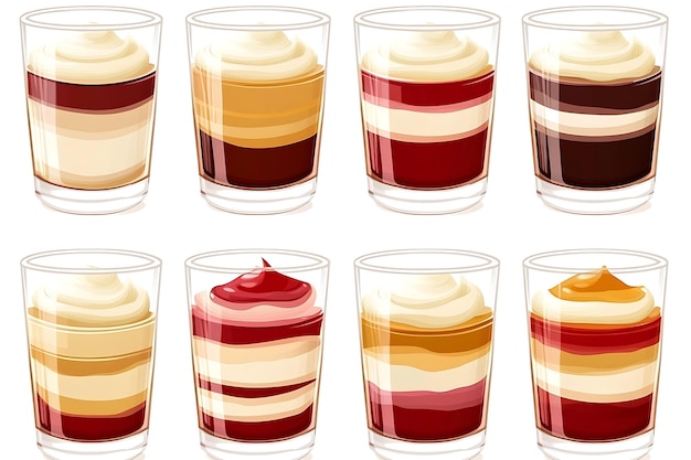 Photo set of 8 layered dessert shots with whipped cream