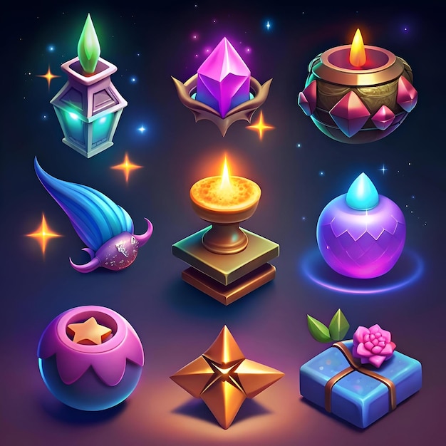 A set of 8 magical 3D icons perfect for game design mobile apps or fantasy themed projects