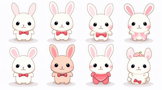 Photo set of 8 vector kawaii rabbits isolated white background different camera angles all parts are sharp