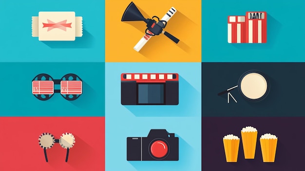 Photo a set of 9 flat design movie icons