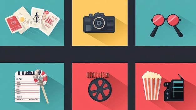 A set of 9 flat design movie icons