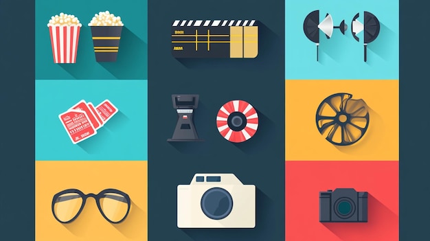 Photo a set of 9 flat design movie icons